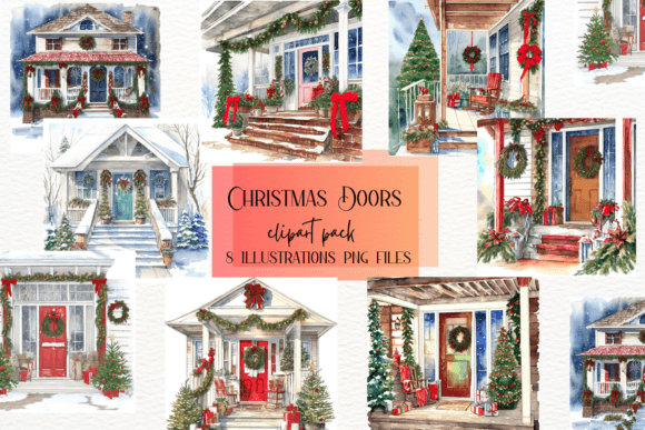 Enchanting Watercolor Christmas Doors Illustrations for Creative Projects