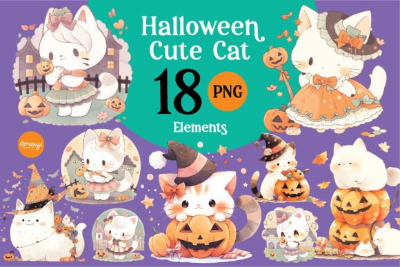 Halloween Cute Cat Cliparts - PNG: A Designer's Guide to Whimsical Autumn Assets